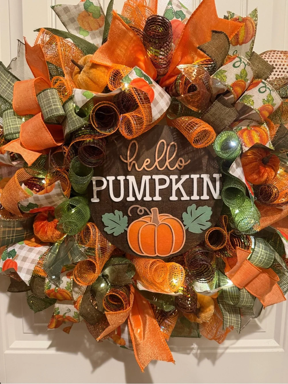Handmade Hello Pumpkin Ribbon Welcome Door Wreath Fall Leaf 22 in LED W24